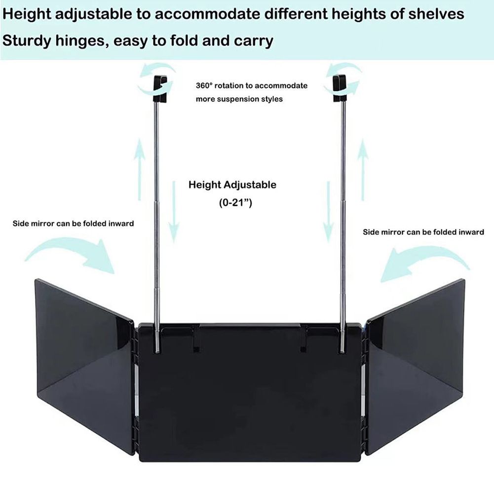 Black Trifold Self Hair Cutting Mirror with Adjustable Hooks - 3-Way Folding Mirror for Barber Use, Shaving, Makeup & Styling - Portable ABS Frame with Aluminium Mirror Panels