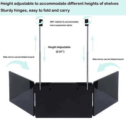 Black Trifold Self Hair Cutting Mirror with Adjustable Hooks - 3-Way Folding Mirror for Barber Use, Shaving, Makeup & Styling - Portable ABS Frame with Aluminium Mirror Panels
