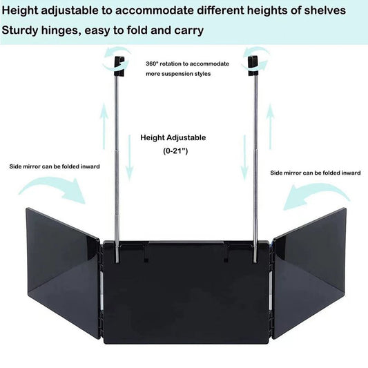 Black Trifold Self Hair Cutting Mirror with Adjustable Hooks - 3-Way Folding Mirror for Barber Use, Shaving, Makeup & Styling - Portable ABS Frame with Aluminium Mirror Panels