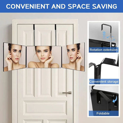 Black Trifold Self Hair Cutting Mirror with Adjustable Hooks - 3-Way Folding Mirror for Barber Use, Shaving, Makeup & Styling - Portable ABS Frame with Aluminium Mirror Panels