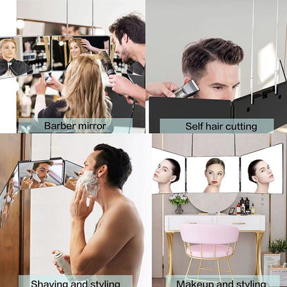 Black Trifold Self Hair Cutting Mirror with Adjustable Hooks - 3-Way Folding Mirror for Barber Use, Shaving, Makeup & Styling - Portable ABS Frame with Aluminium Mirror Panels
