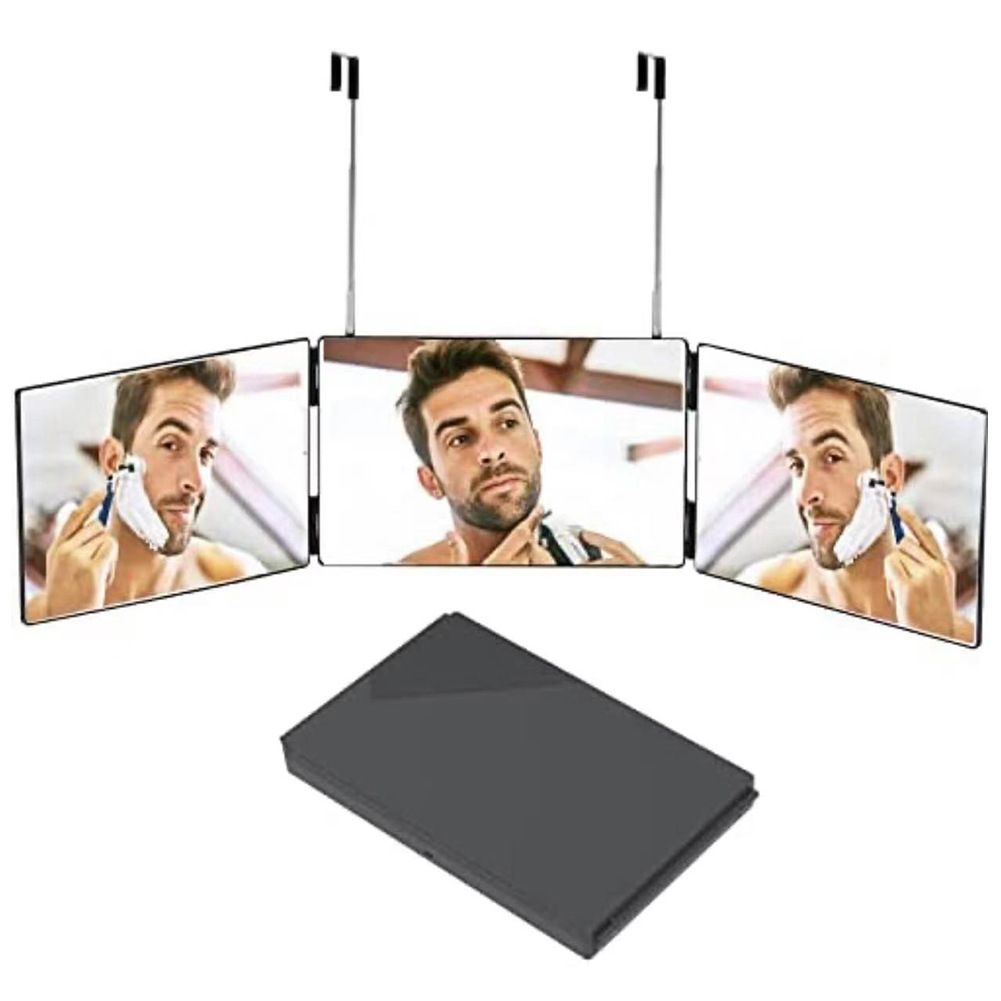 Black Trifold Self Hair Cutting Mirror with Adjustable Hooks - 3-Way Folding Mirror for Barber Use, Shaving, Makeup & Styling - Portable ABS Frame with Aluminium Mirror Panels
