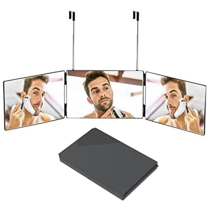 Black Trifold Self Hair Cutting Mirror with Adjustable Hooks - 3-Way Folding Mirror for Barber Use, Shaving, Makeup & Styling - Portable ABS Frame with Aluminium Mirror Panels