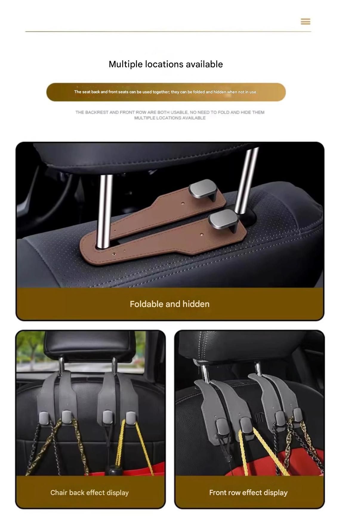 2-piece Black and Grey ABS Dual-Hook Car Seat Back Hanger â€” Foldable, Faux-Suede Headrest Hook; The ideal companion for hanging handbags and shopping bags, also doubles as a mobile phone holder