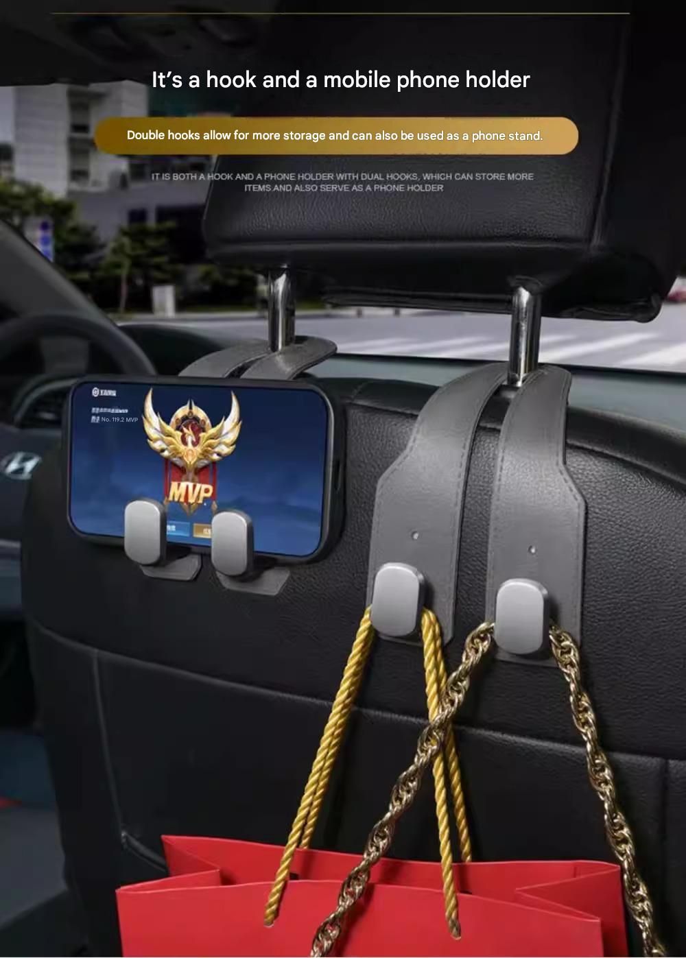 2-piece Black and Brown ABS Dual-Hook Car Seat Back Hanger â€” Foldable, Faux-Suede Headrest Hook; The ideal companion for hanging handbags and shopping bags, also doubles as a mobile phone holder