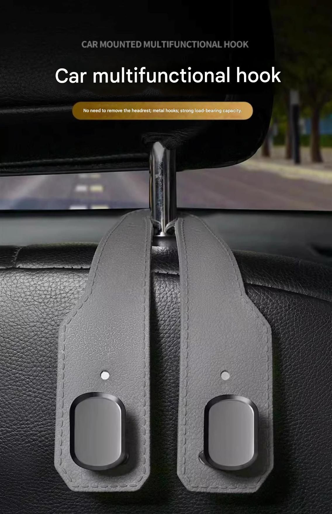 2-piece Brown and Grey ABS Dual-Hook Car Seat Back Hanger â€” Foldable, Faux-Suede Headrest Hook; The ideal companion for hanging handbags and shopping bags, also doubles as a mobile phone holder