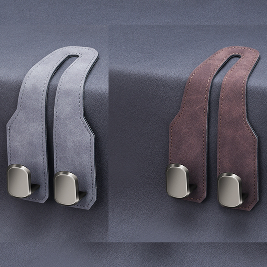 2-piece Brown and Grey Alloy Dual-Hook Car Seat Back Hanger â€” Foldable, Faux-Suede Headrest Hook; The ideal companion for hanging handbags and shopping bags, also doubles as a mobile phone holder