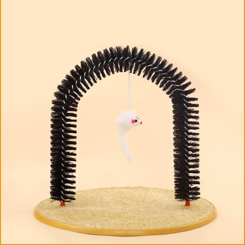 Arched Cat Grooming Brush - Self-Massage Cat Scratcher Arch with Hanging Mouse Toy - Durable PVC Bristles, Plush Base, Non-Slip Design - Interactive Cat Toy for Itch Relief and Play