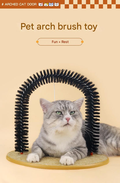 Arched Cat Grooming Brush - Self-Massage Cat Scratcher Arch with Hanging Mouse Toy - Durable PVC Bristles, Plush Base, Non-Slip Design - Interactive Cat Toy for Itch Relief and Play