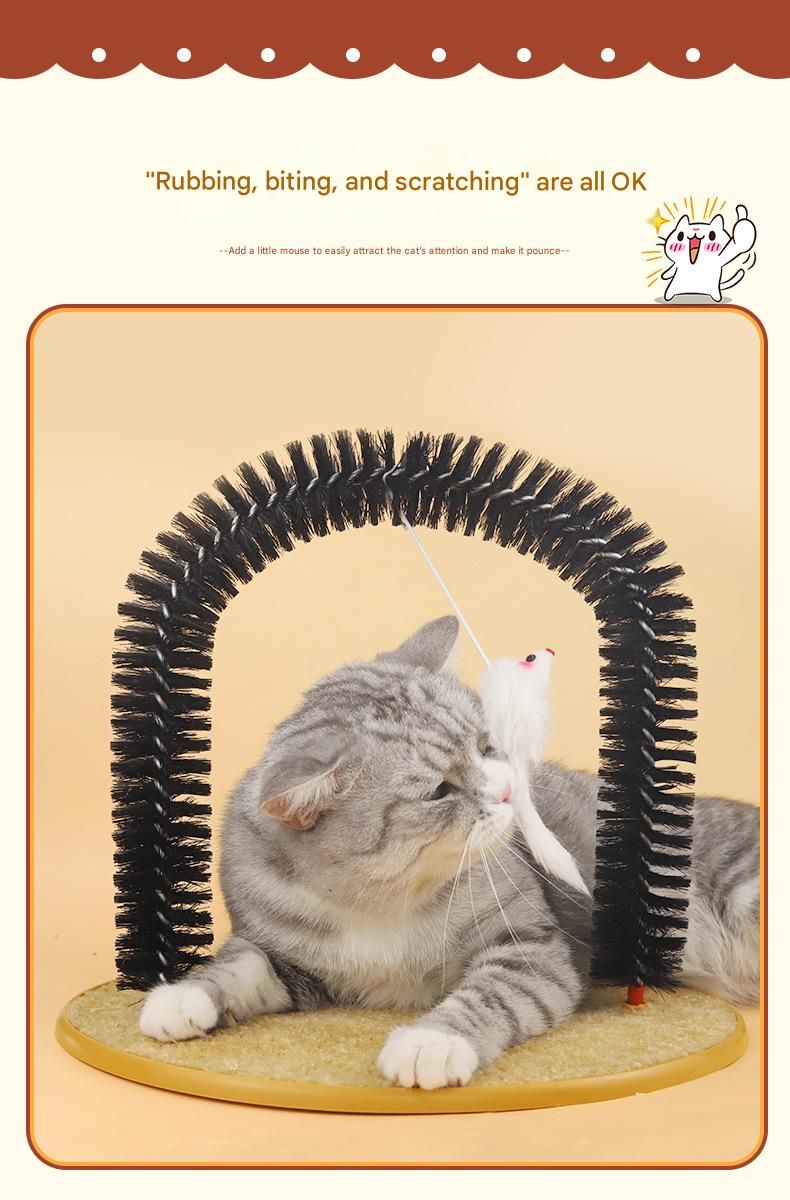 Arched Cat Grooming Brush - Self-Massage Cat Scratcher Arch with Hanging Mouse Toy - Durable PVC Bristles, Plush Base, Non-Slip Design - Interactive Cat Toy for Itch Relief and Play