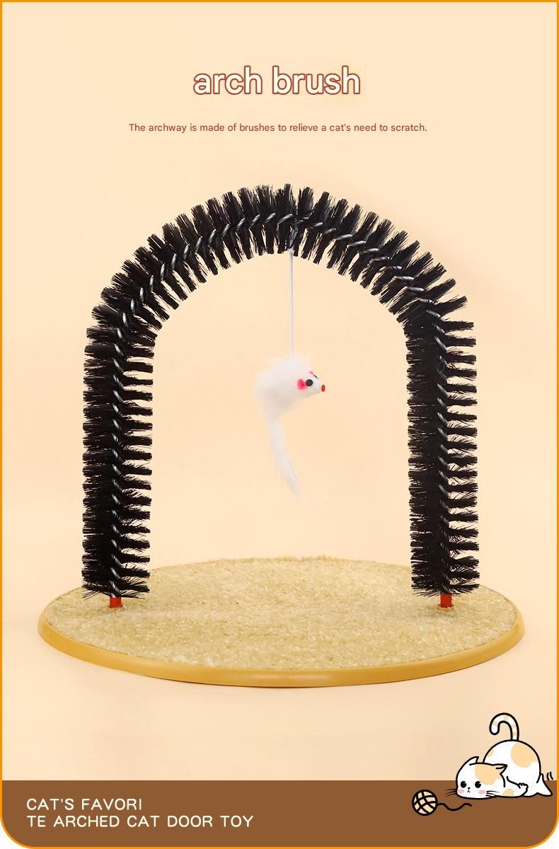Arched Cat Grooming Brush - Self-Massage Cat Scratcher Arch with Hanging Mouse Toy - Durable PVC Bristles, Plush Base, Non-Slip Design - Interactive Cat Toy for Itch Relief and Play