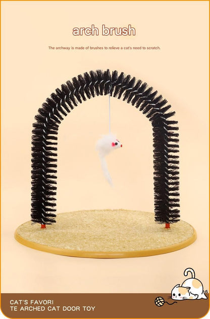 Arched Cat Grooming Brush - Self-Massage Cat Scratcher Arch with Hanging Mouse Toy - Durable PVC Bristles, Plush Base, Non-Slip Design - Interactive Cat Toy for Itch Relief and Play