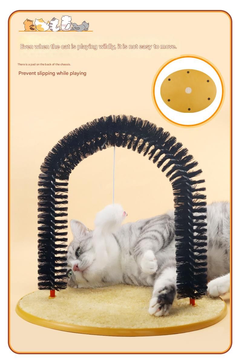 Arched Cat Grooming Brush - Self-Massage Cat Scratcher Arch with Hanging Mouse Toy - Durable PVC Bristles, Plush Base, Non-Slip Design - Interactive Cat Toy for Itch Relief and Play