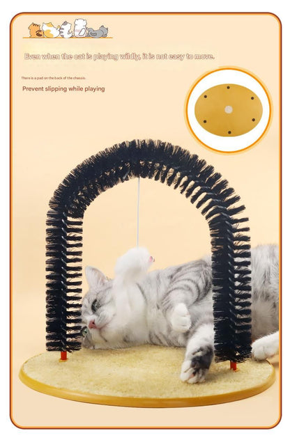 Arched Cat Grooming Brush - Self-Massage Cat Scratcher Arch with Hanging Mouse Toy - Durable PVC Bristles, Plush Base, Non-Slip Design - Interactive Cat Toy for Itch Relief and Play