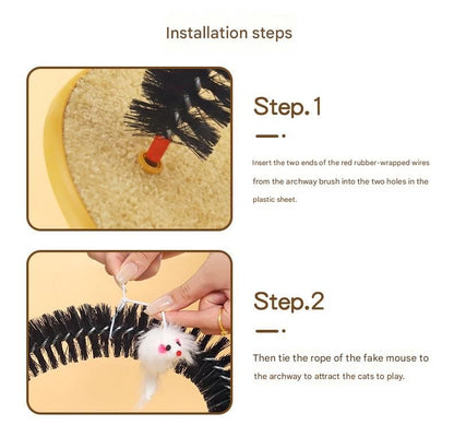 Arched Cat Grooming Brush - Self-Massage Cat Scratcher Arch with Hanging Mouse Toy - Durable PVC Bristles, Plush Base, Non-Slip Design - Interactive Cat Toy for Itch Relief and Play