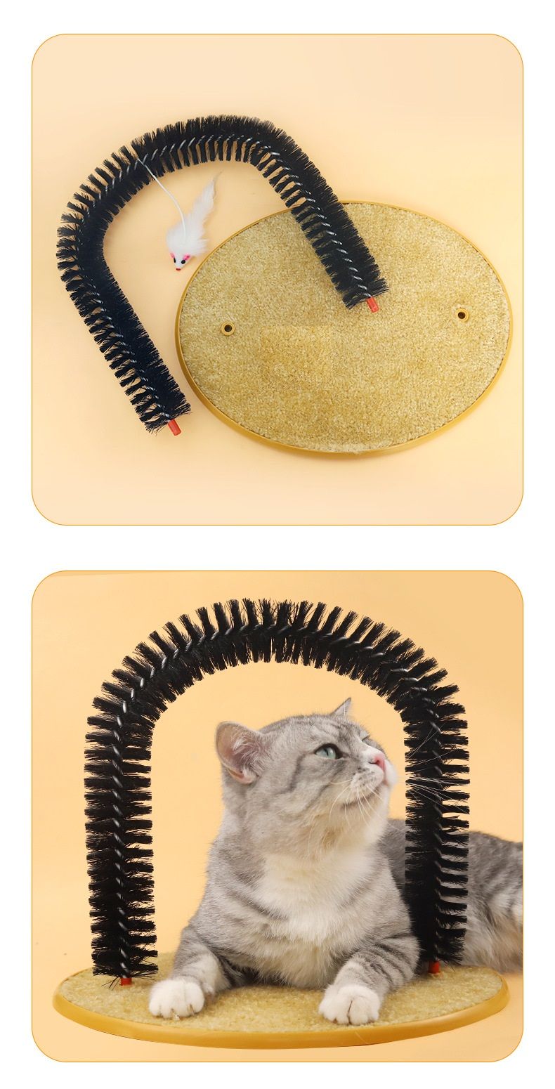 Arched Cat Grooming Brush - Self-Massage Cat Scratcher Arch with Hanging Mouse Toy - Durable PVC Bristles, Plush Base, Non-Slip Design - Interactive Cat Toy for Itch Relief and Play