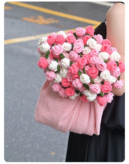 Pink and White Diameter: 80 cm -33 Woven Flowers Handmade Rose Bouquet Knit Blanket - Soft Pink Acrylic Throw with 3D Crochet Flowers - Perfect Gift for Her, Birthday, Valentine's Day, Home Decor