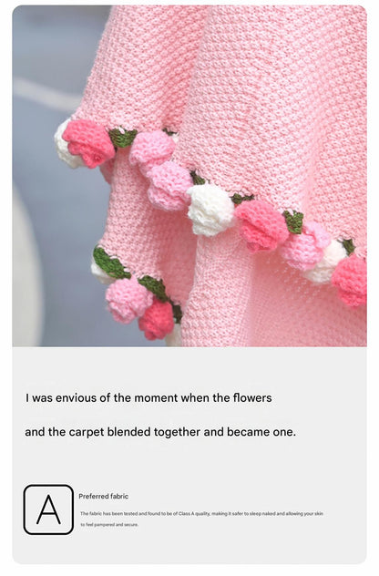 Pink and White Diameter: 120 cm -52 Woven Flowers Handmade Rose Bouquet Knit Blanket - Soft Pink Acrylic Throw with 3D Crochet Flowers - Perfect Gift for Her, Birthday, Valentine's Day, Home Decor