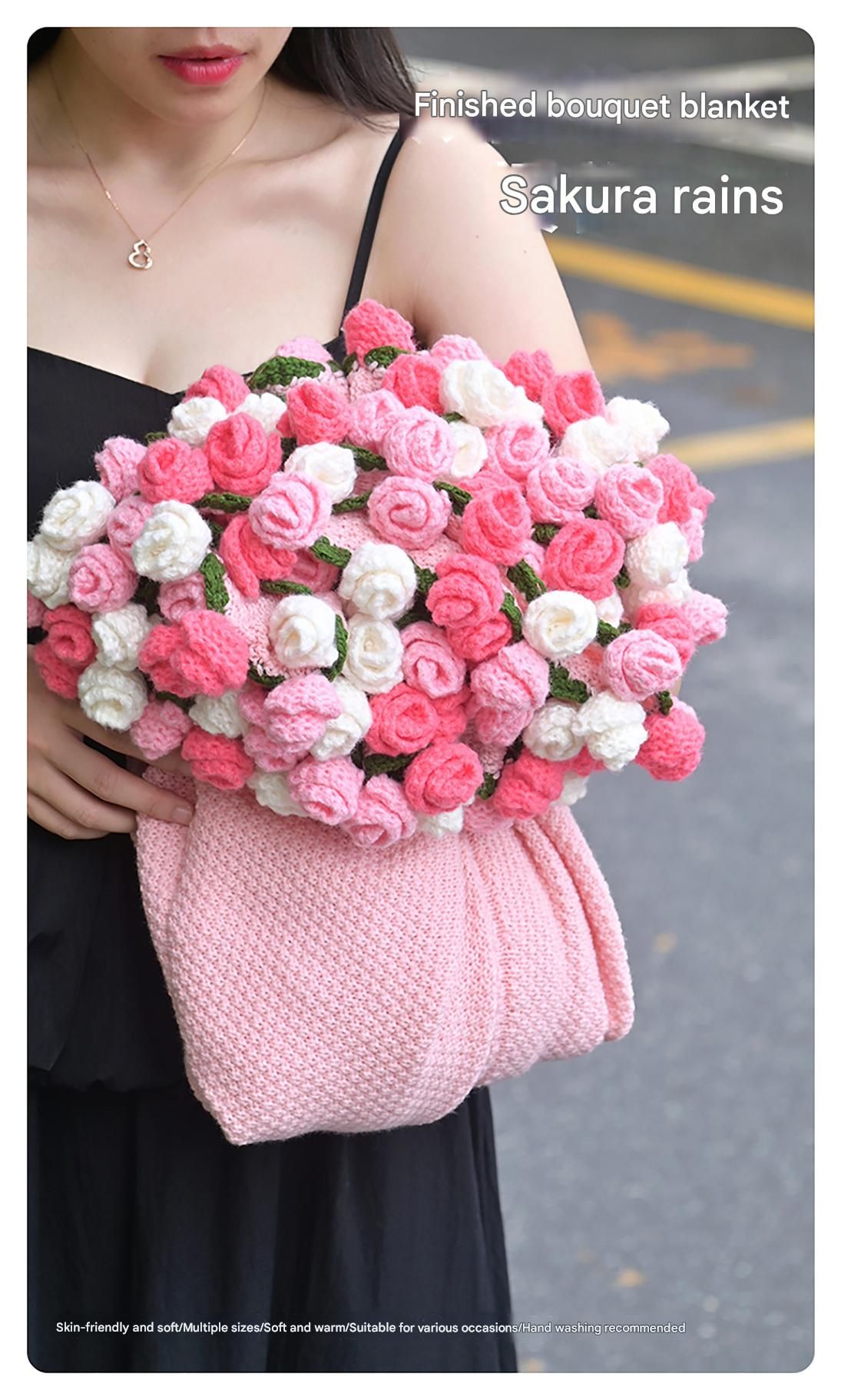 Pink and White Diameter: 160 cm -99 Woven Flowers Handmade Rose Bouquet Knit Blanket - Soft Pink Acrylic Throw with 3D Crochet Flowers - Perfect Gift for Her, Birthday, Valentine's Day, Home Decor
