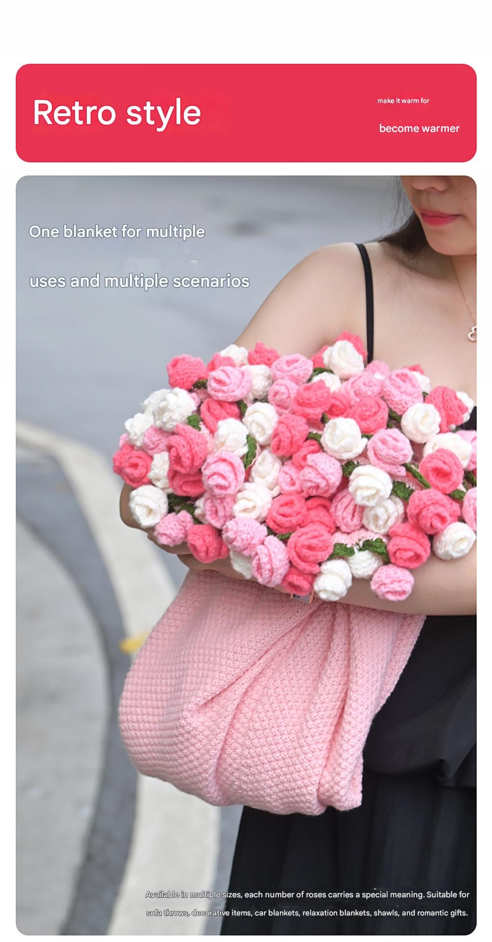 Pink and White Diameter: 160 cm -99 Woven Flowers Handmade Rose Bouquet Knit Blanket - Soft Pink Acrylic Throw with 3D Crochet Flowers - Perfect Gift for Her, Birthday, Valentine's Day, Home Decor