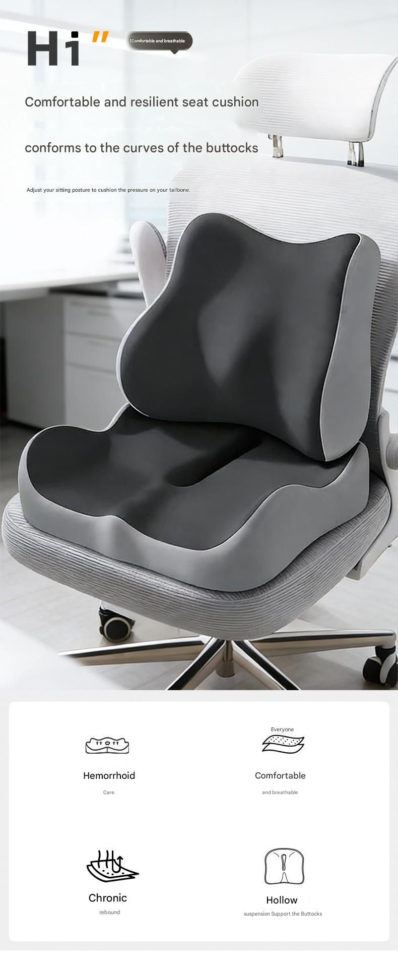 2-piece Off-White Ergonomic Memory Foam Seat Cushion with Lumbar Support - Breathable Contoured Design for Office, Car, and Home Use - Relieves Tailbone Pressure, Improves Posture, and Enhances Comfort for Prolonged Sitting