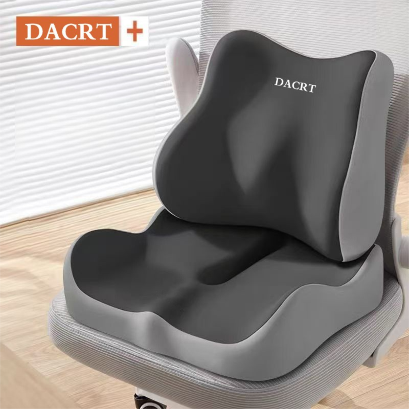 2-piece Grey Ergonomic Memory Foam Seat Cushion with Lumbar Support - Breathable Contoured Design for Office, Car, and Home Use - Relieves Tailbone Pressure, Improves Posture, and Enhances Comfort for Prolonged Sitting