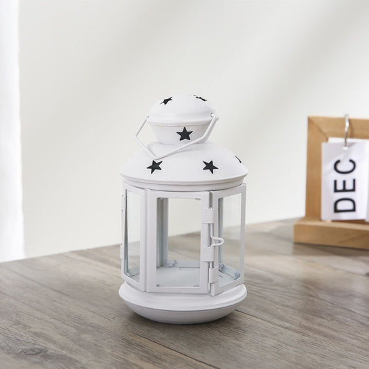 White European Style Star Cutout Metal Candle Lantern - Handcrafted Iron & Glass Decorative Lamp for Christmas, Home, Wedding, Party Easy to carry - Perfect for Living Room, Bedroom, Study