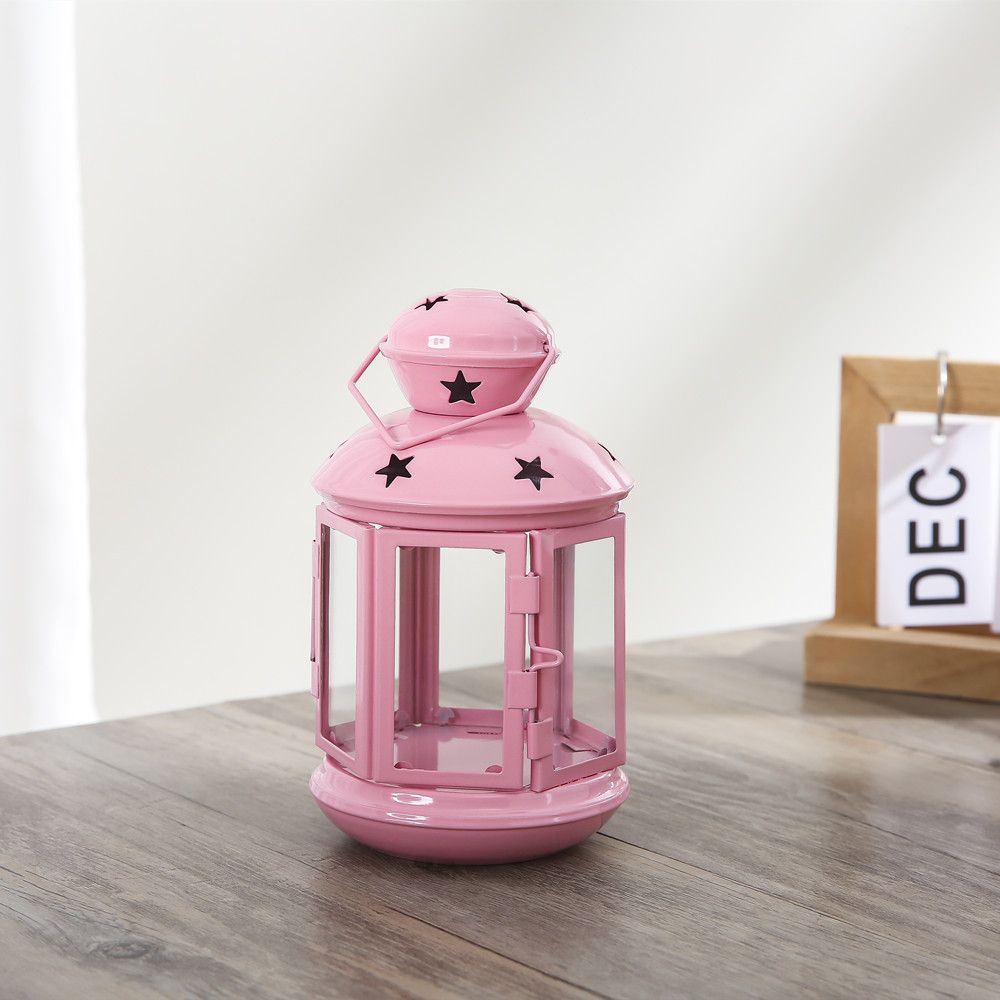 Pink European Style Star Cutout Metal Candle Lantern - Handcrafted Iron & Glass Decorative Lamp for Christmas, Home, Wedding, Party Easy to carry - Perfect for Living Room, Bedroom, Study