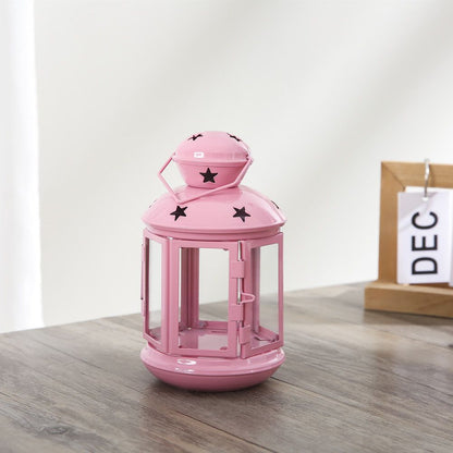 Pink European Style Star Cutout Metal Candle Lantern - Handcrafted Iron & Glass Decorative Lamp for Christmas, Home, Wedding, Party Easy to carry - Perfect for Living Room, Bedroom, Study