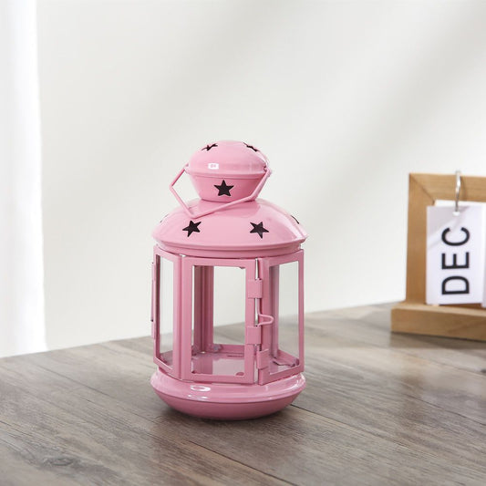 Pink European Style Star Cutout Metal Candle Lantern - Handcrafted Iron & Glass Decorative Lamp for Christmas, Home, Wedding, Party Easy to carry - Perfect for Living Room, Bedroom, Study