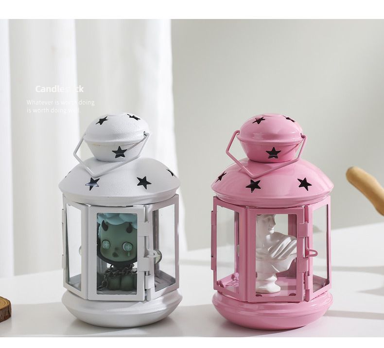 Pink European Style Star Cutout Metal Candle Lantern - Handcrafted Iron & Glass Decorative Lamp for Christmas, Home, Wedding, Party Easy to carry - Perfect for Living Room, Bedroom, Study