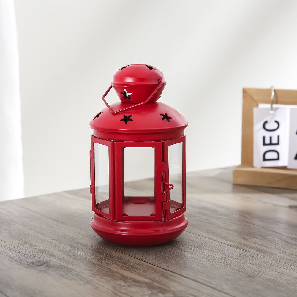 Red European Style Star Cutout Metal Candle Lantern - Handcrafted Iron & Glass Decorative Lamp for Christmas, Home, Wedding, Party Easy to carry - Perfect for Living Room, Bedroom, Study