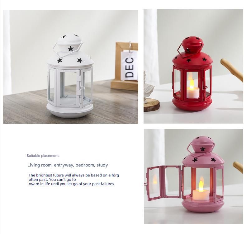 Red European Style Star Cutout Metal Candle Lantern - Handcrafted Iron & Glass Decorative Lamp for Christmas, Home, Wedding, Party Easy to carry - Perfect for Living Room, Bedroom, Study