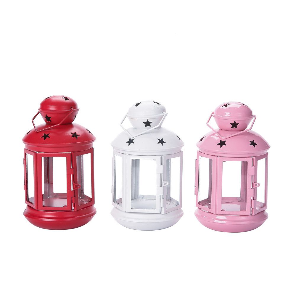 3-piece White and Pink and Red European Style Star Cutout Metal Candle Lantern - Handcrafted Iron & Glass Decorative Lamp for Christmas, Home, Wedding, Party Easy to carry - Perfect for Living Room, Bedroom, Study
