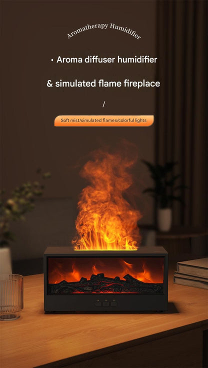 Black casing 3D Flame Effect Aroma Diffuser and Humidifier - Desktop Fireplace Design with Realistic LED Fire, 7-Color Mood Lighting, and Silent Ultrasonic Mist - Ideal for Bedroom, Living Room, Office, and Yoga Spaces - Includes Timer and Auto Shut-Off