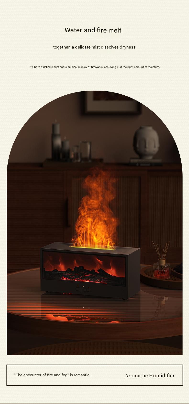 Black casing 3D Flame Effect Aroma Diffuser and Humidifier - Desktop Fireplace Design with Realistic LED Fire, 7-Color Mood Lighting, and Silent Ultrasonic Mist - Ideal for Bedroom, Living Room, Office, and Yoga Spaces - Includes Timer and Auto Shut-Off