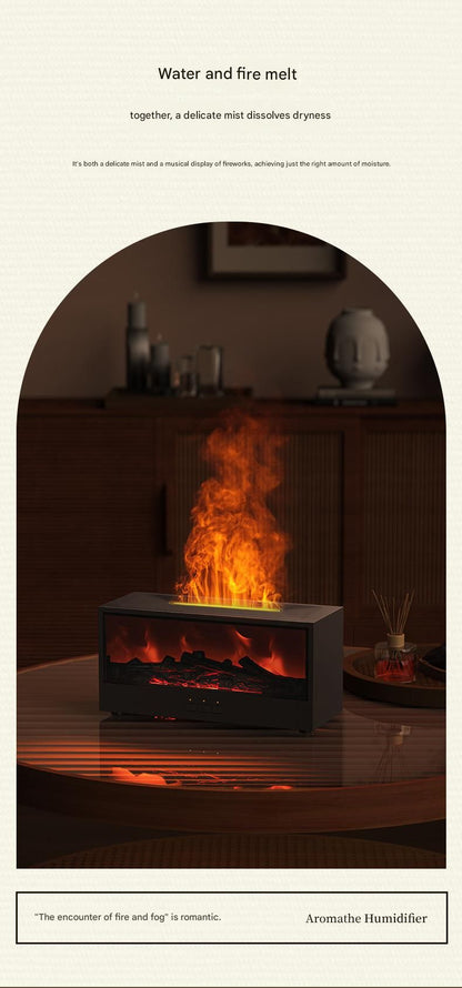 Black casing 3D Flame Effect Aroma Diffuser and Humidifier - Desktop Fireplace Design with Realistic LED Fire, 7-Color Mood Lighting, and Silent Ultrasonic Mist - Ideal for Bedroom, Living Room, Office, and Yoga Spaces - Includes Timer and Auto Shut-Off
