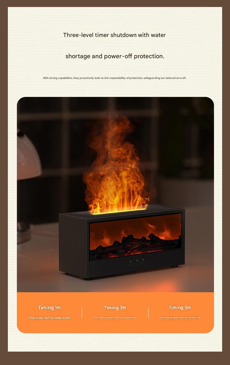 Black casing 3D Flame Effect Aroma Diffuser and Humidifier - Desktop Fireplace Design with Realistic LED Fire, 7-Color Mood Lighting, and Silent Ultrasonic Mist - Ideal for Bedroom, Living Room, Office, and Yoga Spaces - Includes Timer and Auto Shut-Off