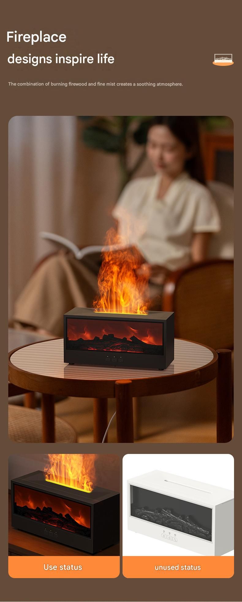White casing 3D Flame Effect Aroma Diffuser and Humidifier - Desktop Fireplace Design with Realistic LED Fire, 7-Color Mood Lighting, and Silent Ultrasonic Mist - Ideal for Bedroom, Living Room, Office, and Yoga Spaces - Includes Timer and Auto Shut-Off