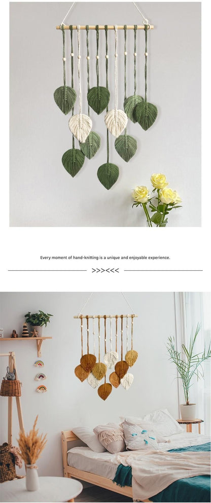 Brown 40*100cm Handmade Macrame Leaf Wall Hanging - Cotton Boho Tapestry, Machine Washable,  - Nordic Style Decor for Bedroom, Living Room, Nursery