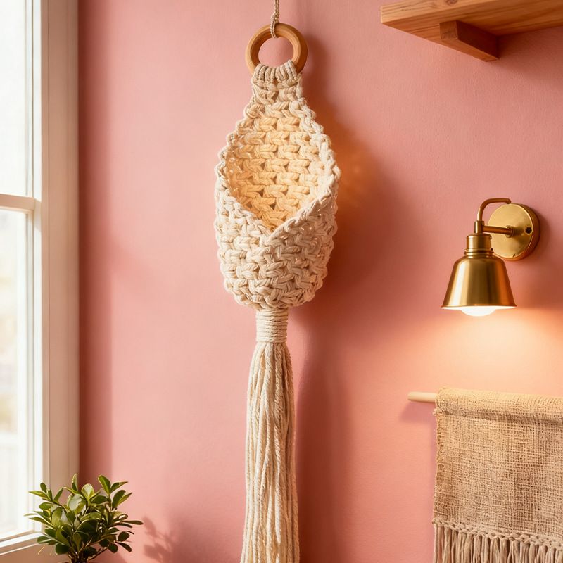 White Macrame Hanging Plant Holder - Cotton Rope Wall Basket, Bohemian Style Decor for Indoor Plants - Space Saving & Multi Scene Use