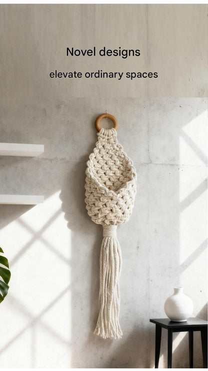 White Macrame Hanging Plant Holder - Cotton Rope Wall Basket, Bohemian Style Decor for Indoor Plants - Space Saving & Multi Scene Use