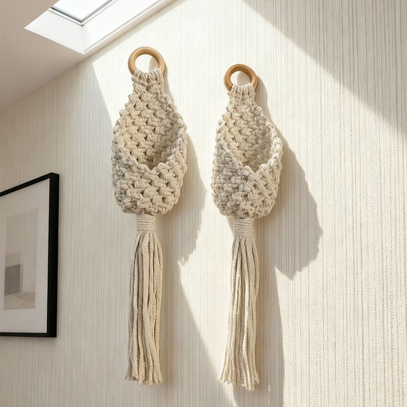 2-piece White Macrame Hanging Plant Holder - Cotton Rope Wall Basket, Bohemian Style Decor for Indoor Plants - Space Saving & Multi Scene Use