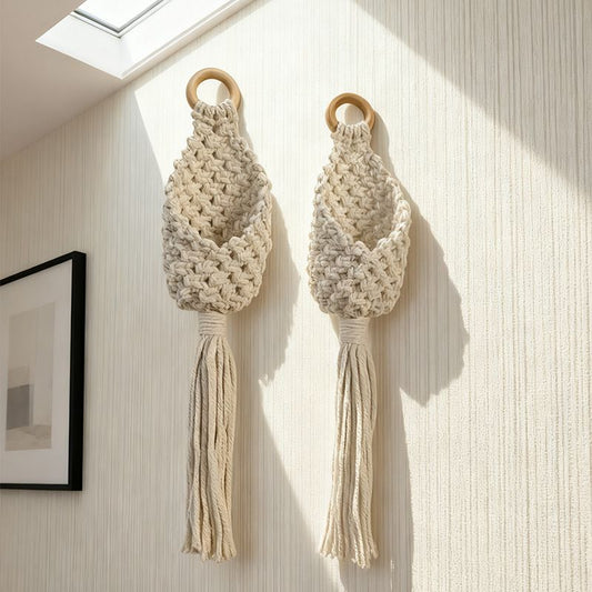 2-piece White Macrame Hanging Plant Holder - Cotton Rope Wall Basket, Bohemian Style Decor for Indoor Plants - Space Saving & Multi Scene Use