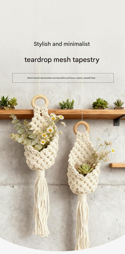 2-piece White Macrame Hanging Plant Holder - Cotton Rope Wall Basket, Bohemian Style Decor for Indoor Plants - Space Saving & Multi Scene Use