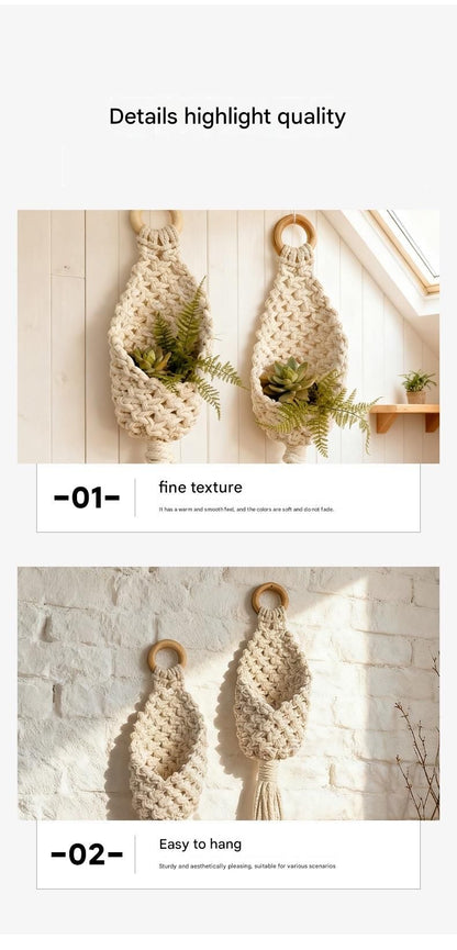 2-piece White Macrame Hanging Plant Holder - Cotton Rope Wall Basket, Bohemian Style Decor for Indoor Plants - Space Saving & Multi Scene Use