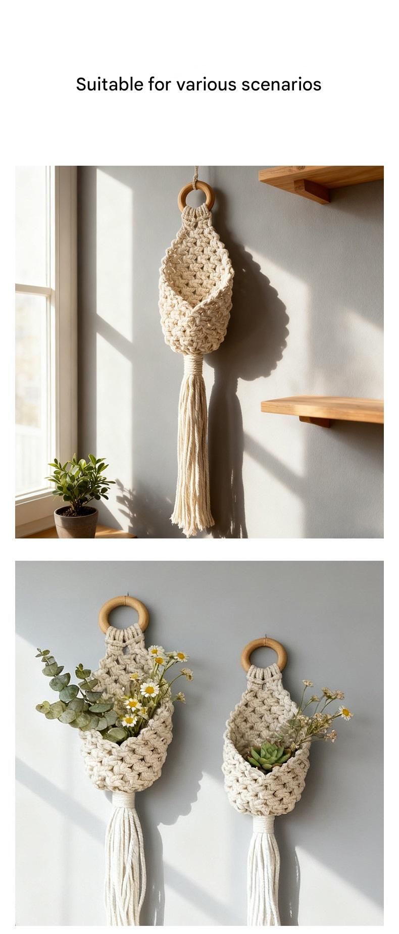 2-piece White Macrame Hanging Plant Holder - Cotton Rope Wall Basket, Bohemian Style Decor for Indoor Plants - Space Saving & Multi Scene Use
