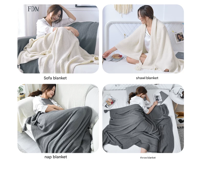 Off-white 150*200cm Nordic Style Tassel Knit Throw Blanket - Soft Polyester Sofa Blanket with Pineapple Texture - Breathable & Lightweight for Office, Couch, Travel - Boho Chic Home Decor