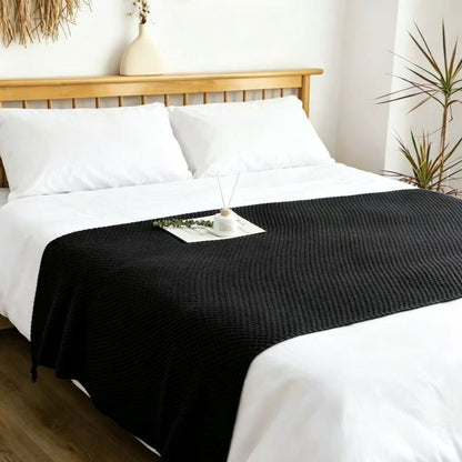 Black 1130*170cm Nordic Style Tassel Knit Throw Blanket - Soft Polyester Sofa Blanket with Pineapple Texture - Breathable & Lightweight for Office, Couch, Travel - Boho Chic Home Decor