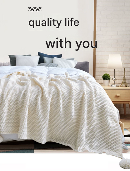 Black 1130*170cm Nordic Style Tassel Knit Throw Blanket - Soft Polyester Sofa Blanket with Pineapple Texture - Breathable & Lightweight for Office, Couch, Travel - Boho Chic Home Decor